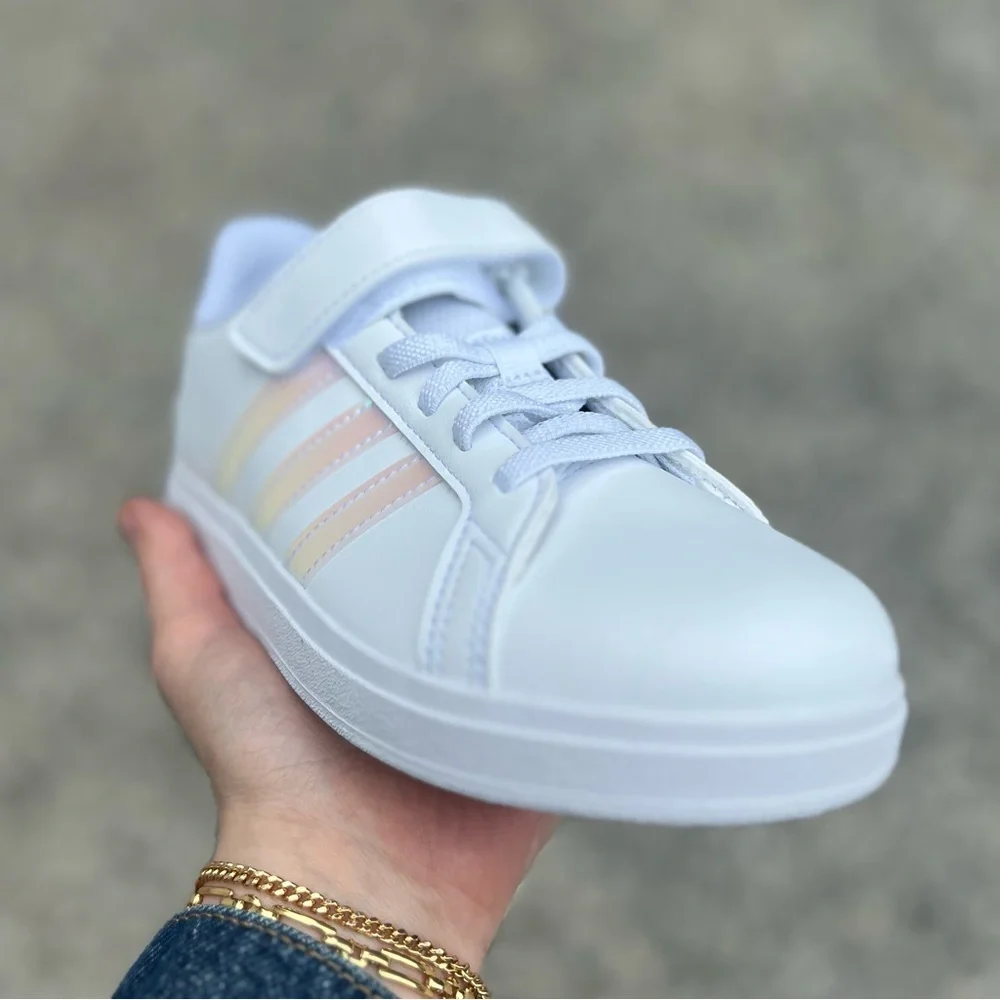 851 | Adidas Grand Court Kids Girls White Sneakers with Iridescent Stripes - Picture 5 of 10